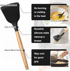 E-far Black Kitchen Utensils Set with Holder, 25-Piece Silicone Cooking Utensil Set with Wooden Handle for Nonstick Cookware, 446°F Heat Resistant Kitchen Tool Spatula Tongs Whisk, Non-toxic & Healthy