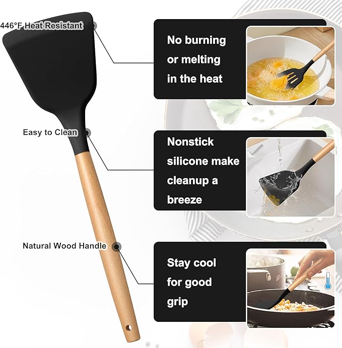 E-far Silicone Cooking Utensils Set, 10-Piece Black Kitchen Utensils Set with Wooden Handle for Nonstick Cookware, Heat Resistant Kitchen Nonstick Tools Spatula Whisk Tongs Ladle, Non-toxic & Healthy