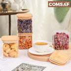 ComSaf 0.7 Qt Glass Food Storage Jars Set of 4, Clear Glass Storage Containers with Lids, Pantry Organization Jar, Spice Jar, Blooming Tea, Coffee and Sugar Container, Small Canister Set for Kitchen