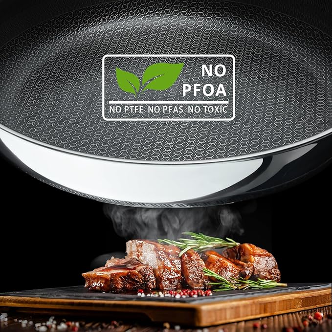 9.5" Non Stick Frying Pans, Hybrid Ceramic Stainless Steel Pan, Skillet with Stay-Cool Handle, Non Toxic, PFAS PFOA PTFE Free, Dishwasher & Oven Safe, Induction, Compatible with All Cooktops