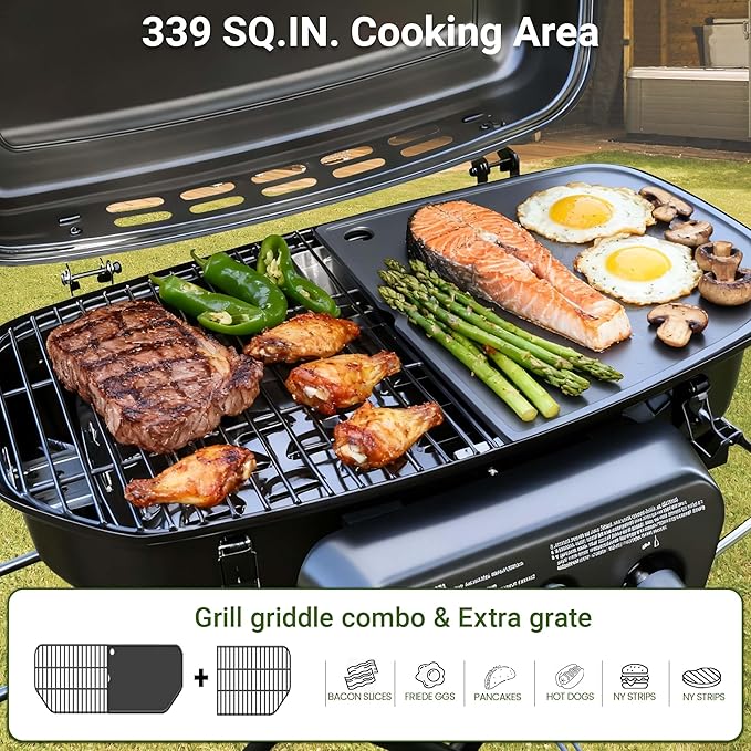 Brand-Man Portable Gas Grill, Propane Standup Grill with Folding Cart & Push-Button Ignition, Ideal for Camping, Tailgating, BBQ, Backyard, Patio & More