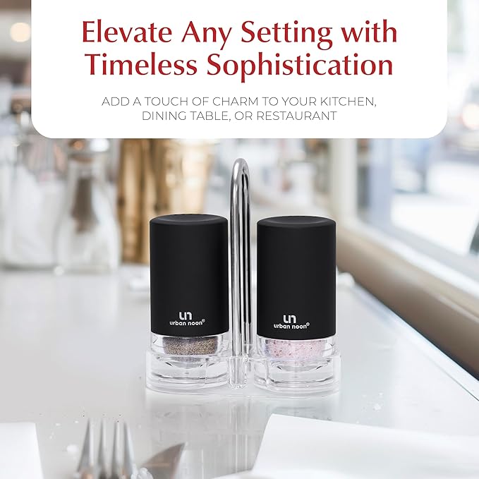 Black Salt and Pepper Shakers with Holder - Elegant Stainless Steel Salt Shaker and Pepper Shaker Set with Acrylic Holder for Kitchen Counter or Restaurant Table