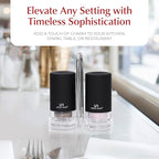 Black Salt and Pepper Shakers with Holder - Elegant Stainless Steel Salt Shaker and Pepper Shaker Set with Acrylic Holder for Kitchen Counter or Restaurant Table