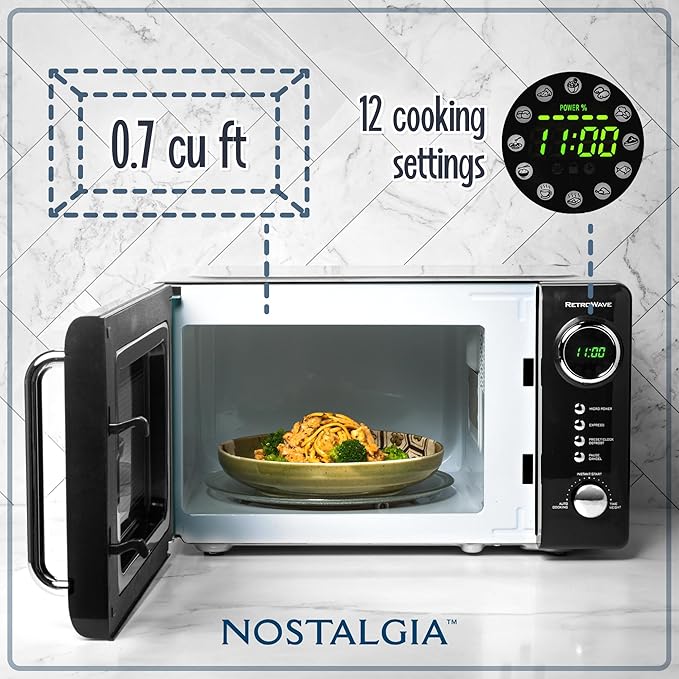 Nostalgia Retro Compact Countertop Microwave Oven, 0.7 Cu. Ft. 700-Watts with LED Digital Display, Child Lock, Easy Clean Interior, Black
