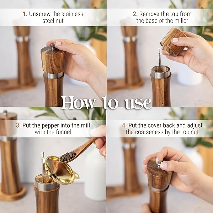 Acacia Wood Salt & Pepper Grinder Set – 8" Manual Adjustable Mills – Wooden Pepper Mill Gift Set with Funnel, Spoon & Brush – Eco-Friendly Kitchen Spice Grinder