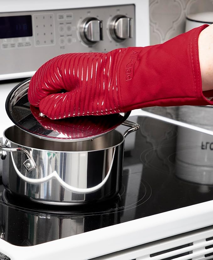 All-Clad Silicone Oven Mitts: Heat Resistant up to 500 Degrees - 100% Cotton & Silicone, 14"x7" Oven Mitt for Kitchen and Barbeque, 2-Pack, Chili