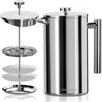 Utopia Kitchen French Press Coffee Maker, Double Wall Insulated Stainless Steel Coffee Press with 4-Level Filtration system, Includes 2 Extra Filters, Rust-Free, Dishwasher Safe (Silver, 17 Ounce)