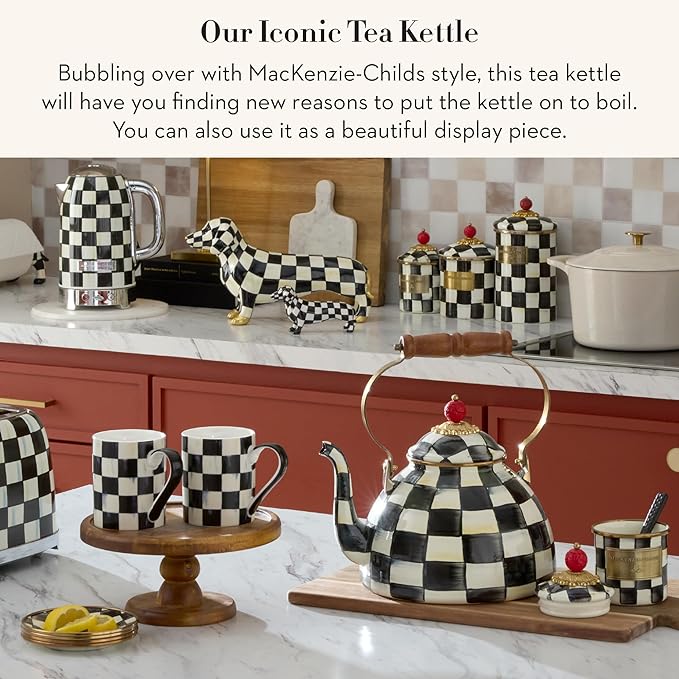 MACKENZIE-CHILDS Enamel Tea Kettle, Stylish Tea Kettle for Stovetop, Black-and-White Courtly Check, 3 Quarts