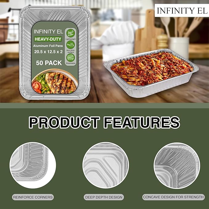 INFINITY EL Disposable Aluminum Foil Pans 50 Pack | Full Size Shallow Steam 20.5"x 12.5"x 2" Disposable Aluminum Baking Pan | Heavy Duty Foil Pan for Roasting Turkey, Lasagna, Thanksgiving, Christmas