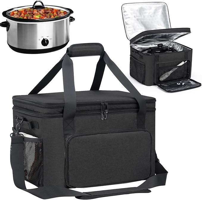 Slow Cooker Carrying Bag, Double Layer Insulated Design Slow Cooker Carrier with Removable Hard Liner and Pot Lid Fastener Fit for 6-8 Quart Crock Pot, Black