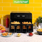 Nutrichef Double Basket Air Fryer 8.8 QT | Family Size Oil Free Airfryer with Transparent Window | 9-1 Preset Cooking Options | 360° Hot Air Circulation Technology | 4.4 QTs per Basket | Black