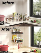 Spice Rack Organizer Wall Mount - 15.7in 2Pack [Upgraded Version] Hanging Seasoning Organizer Shelf with Paper Towel Holder, Storage for Cabinet or Wall Mounted with 4 Strong Hooks (Simple black)