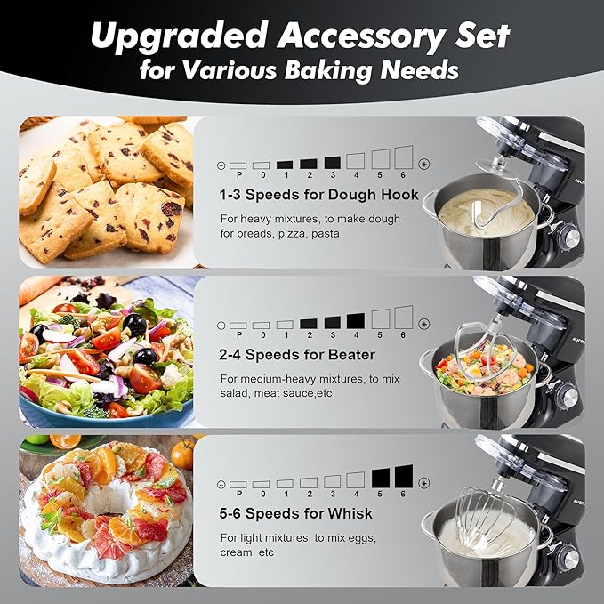 Aucma Stand Mixer, 900W 8QT Large Kitchen Mixer, Kitchen Electric Mixers with Dough Hook, Wire Whip & Beater (Black, 8QT)