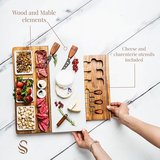 Shanik Marble & Acacia Wood Cheese Board Set – Includes 3 Ceramic Bowls, Stainless Steel Cutlery – Charcuterie Platter Gift for Entertaining