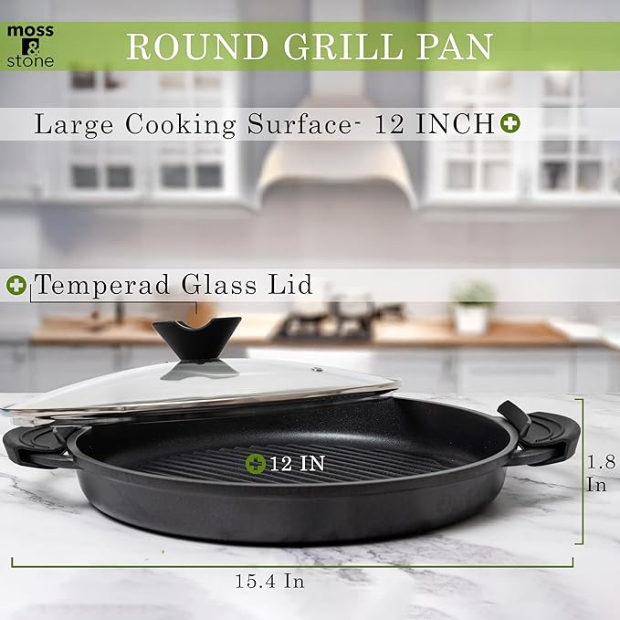 Moss & Stone Nonstick Grill Pan for Indoor Cooking 12", The Whatever Pan Cast Aluminum Griddle Pan for Stove Top Dishwasher & Oven Safe, Induction Grill Pan with Lid with Silicone handles PFOA Free