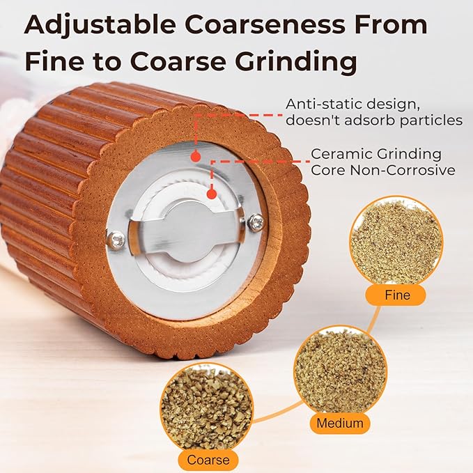 Wooden Salt and Pepper Grinder Set, 8 Inch Manual Salt and Pepper Mills, Premium Acrylic Salt and Pepper Shakers with Adjustable Ceramic Core, Refillable Shakers for Kitchen(2 Pack)