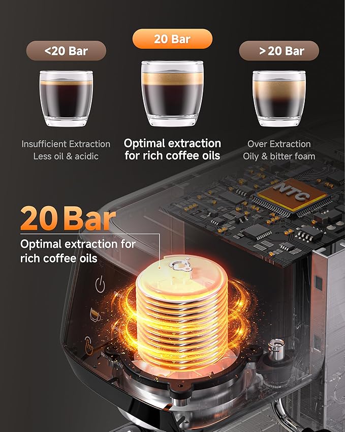 AMZCHEF Espresso Machine 20 Bar – Professional Coffee Maker with Milk Frother, Adjustable Temperature & Pressure, Compact Stainless Steel Espresso Maker for Cappuccino, Latte, Mocha, 44oz Water Tank