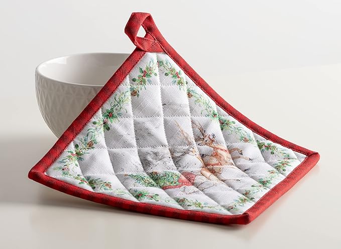 Maison d' Hermine 100% Cotton Oven Mitt & Pot Holder Set (7.5"x13" & 8"x8") Heat Resistant BBQ Cooking Gloves with Loop, Baking, Grilling, Kitchen, Handling Hot Pans (Christmas Tradition)