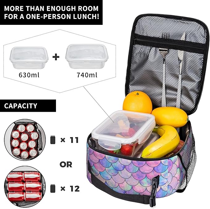 Mermaid Tail Scales Insulated Lunch Bag for Women & Men, Reusable Leak-Proof Lunch Box with Cooler Compartment, Lunch Tote for Adults Work Travel Picnic Durable & Washable