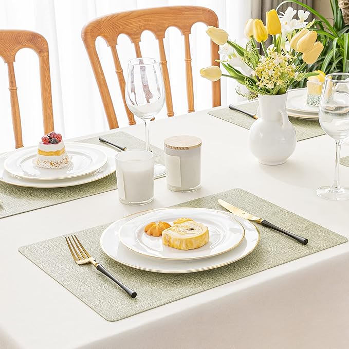 Romanstile Vinyl Placemats Set of 12-12 X 18 Inch - Heat Resistant Place Mats 100% Waterproof Oilproof Wipeable Reversible Faux Leather Table Mats for Kitchen/Dining/Party/Outdoor, Grass Green