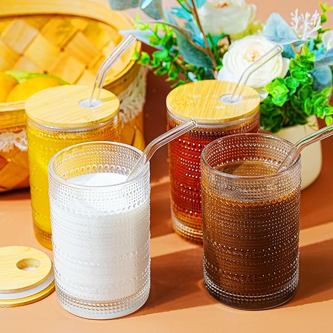 15 Oz Glass Cups with Lids and Straws, Vintage Embossed Glassware for Whiskey Cocktail Beer, Iced Coffee Cup with Lid (2 PACK)