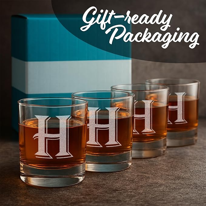 On The Rox Drinks [H-Monogram] - 4 Piece Set of 11 Ounce Engraved Heavy Base Rocks Whiskey Bourbon Glasses Elegant Glass-Multi-Purpose Beverage-Rocks Glass- Ideal Gift for any Occasion