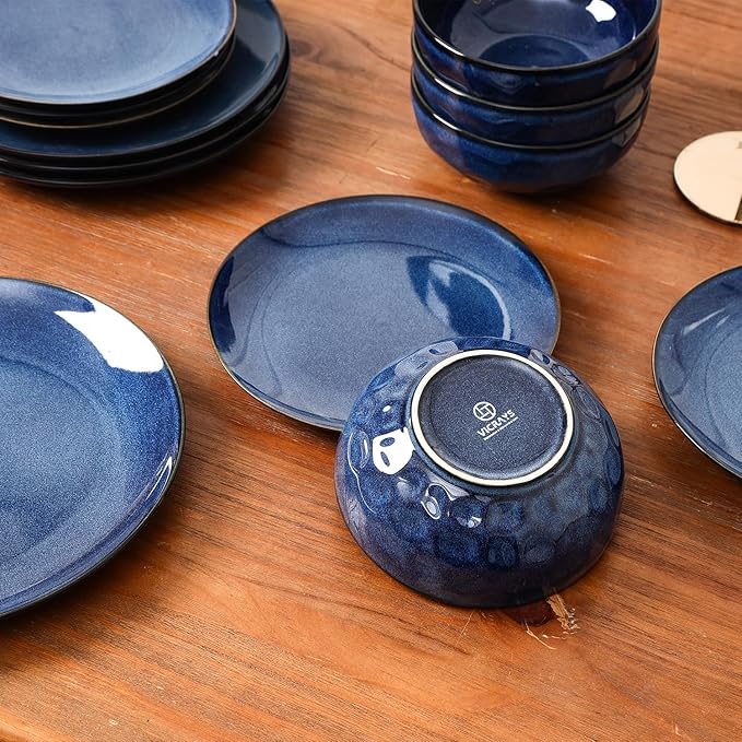 Vicrays Ceramic 12 Pieces Dinnerware Set - Dinner Plates Salad Plates Cereal Bowls Set Service for 4 - Scratch Resistant Microwave Oven Dishwasher Safe - Starry blue