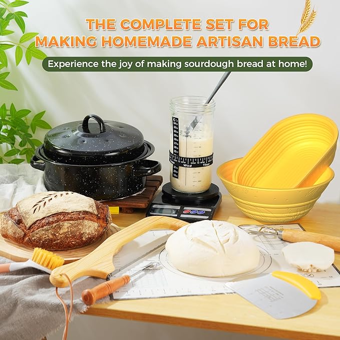 Sourdough Bread Baking Supplies 34 oz Sourdough Starter kit with Pot, 2 Silicone Bread Proofing Baskets, and Bread Making Tools Kit - Yellow