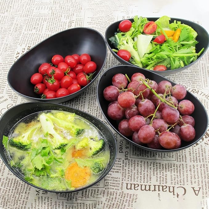 JOYMAY Oval Salad Bowls Set, 34oz Serving Bowls for Kitchen 8.8" Large Bowls for Soup, Oatmeal, Pasta, Snacks, Deep Soup Bowls Set for Salad, Fruit, Vegetable, Ramen, 6PC-Black