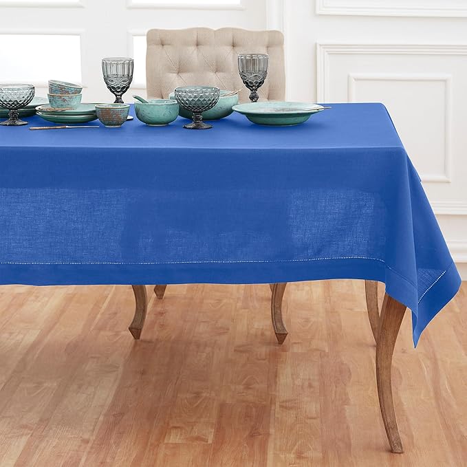Solino Home Royal Blue Linen Tablecloth 54 x 72 Inch - 100% Pure Linen Hemstitch Table Cloth for Rectangle Tables - Classic Hemstitch, Machine Washable Tablecloth for Summer