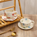 Koythin Ceramic Coffee Mug with Saucer Set, Cute Red Big Bow Cup Unique for Office and Home, 10 oz/300 ml for Latte Tea Milk