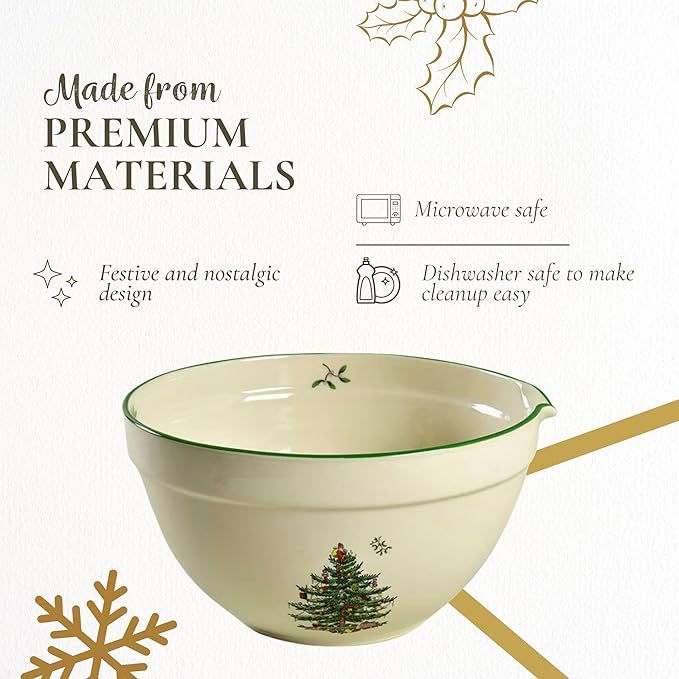 Spode Christmas Tree Mixing Bowl with Spout, 2-Quart Batter Bowl with Pour Spout, Measures 9-Inches, Holiday Serving Dishes, Dishwasher and Microwave Safe