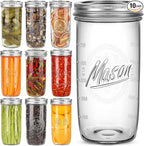 Mason Jars Wide Mouth 24oz, 10 pack Glass Pickle Canning Jars Food Storage With Airtight Mason Jar lids and Bands for Canning, Preserving, Fermenting, Pickling for Microwave/Freezer/Dishwasher