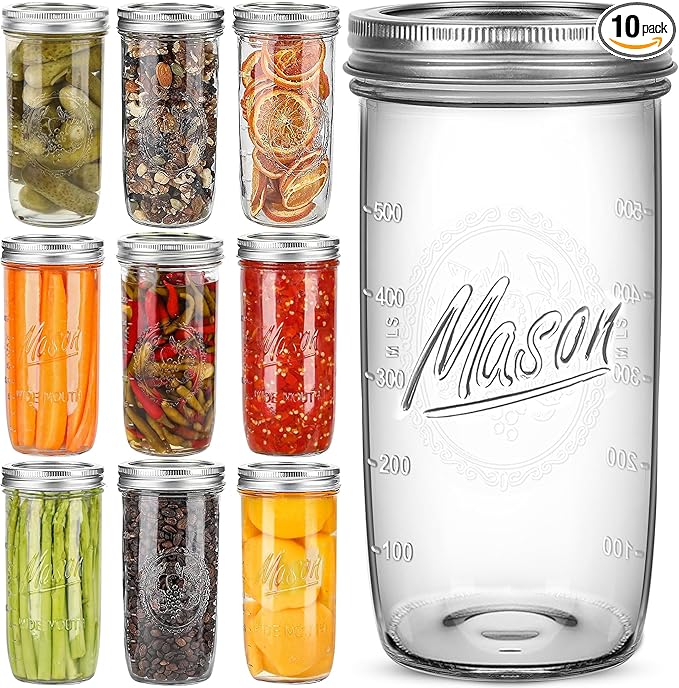 Mason Jars Wide Mouth 24oz, 10 pack Glass Pickle Canning Jars Food Storage With Airtight Mason Jar lids and Bands for Canning, Preserving, Fermenting, Pickling for Microwave/Freezer/Dishwasher