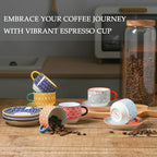 Selamica Ceramic Espresso Cups with Saucers, 2.5 OZ Stackable Demitasse Cups with Metal Stand, Mini Espresso Mugs for Latte Coffee Café Mocha Tea, Set of 6, Assorted Colors