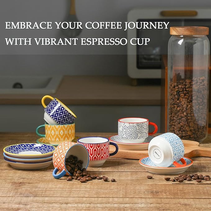 Selamica Ceramic Espresso Cups with Saucers, 2.5 OZ Stackable Demitasse Cups with Metal Stand, Mini Espresso Mugs for Latte Coffee Café Mocha Tea, Set of 6, Assorted Colors