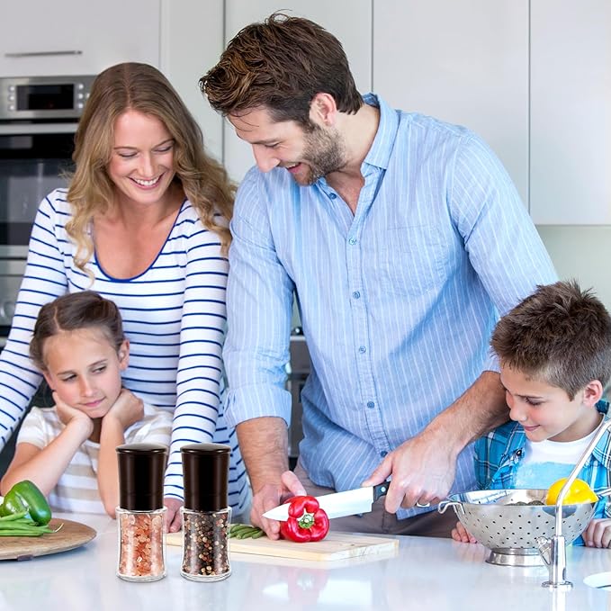 Vzaahu Salt and Pepper Grinder Set Brown, Refillable Small Shakers, Adjustable Coarseness, Ceramic Burr, Peppermill, Kitchen Cooking