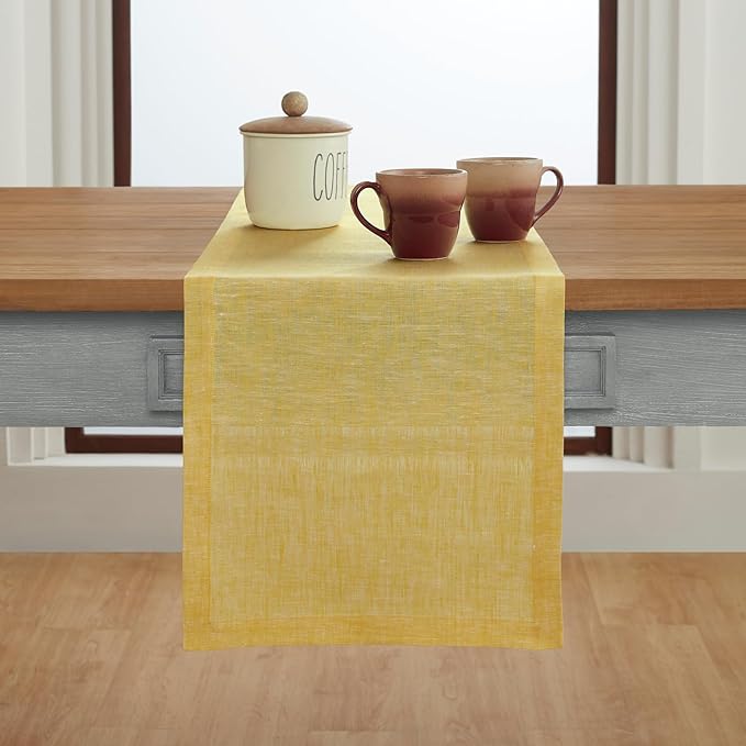 Solino Home Linen Table Runner 108 Inches Long - Athena, 100% Pure Linen Chambray Lemon Yellow 14 x 108 Inch Table Runner for Summer