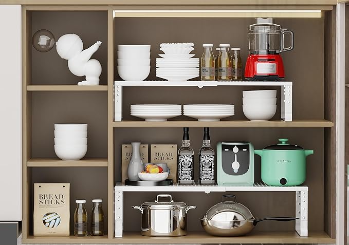 Expandable Adjustable Stackable Kitchen Organizer, Spice Rack,Metal Pantry Storage Shelves Racks,Counter Shelf for Cabinets, Countertop, Cupboard(3 Packs/Large/White)