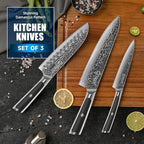 Sunnecko Damascus Kitchen Knife Set 3 Piece, Sharp Chef Knife Set Professional Kitchen Knives Sets Full Tang with Gift Box