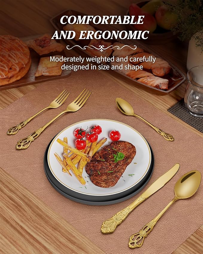 24 Pieces Gold Silverware Set for 4, Retro Royal Flatware Set with Steak Knives, Gorgeous Stainless Steel Cutlery Utensil Set Include Forks Spoons and Knives, Mirror Finish,Dishwasher Safe