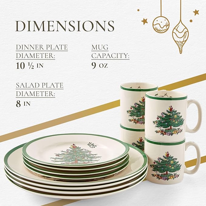 Spode Christmas Tree 12-Piece Dinnerware Set (Service for 4) - Festive Holiday Tableware Collection with Plates and Mugs - Fine Earthenware Christmas Dinnerware - Microwave & Dishwasher Safe