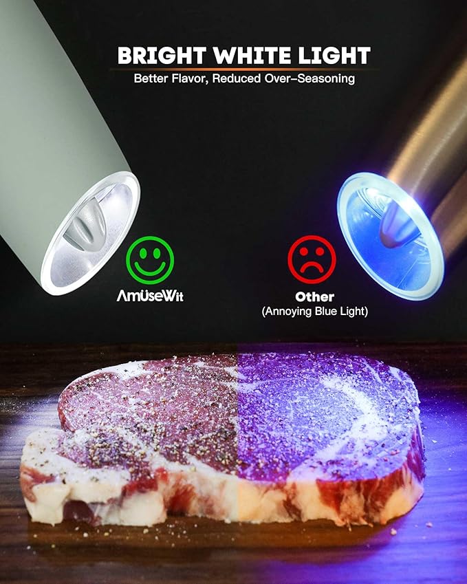 AmuseWit Gravity Electric Salt and Pepper Grinder Set [White Light] USB Rechargeable Automatic Pepper and Salt Mills,Adjustable Coarseness,One-Handed Operation,Sage