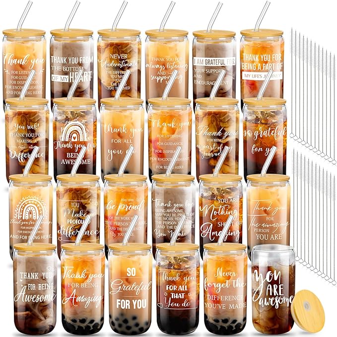 Layhit 24 Set Bulk Thank You Team Gifts Cups for Employees Staff Coworker Christmas Appreciation Gifts Thank You Glass Cups 16 oz Can Shaped Beer Glass with Lids Straws Brushes(Vivid Style)