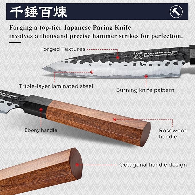 5 inch Japanese Paring Knife, Hand Forged 5 Layer 9CR18MOV Clad Steel Professional Kitchen Small Knife With Rosewood Handle As a Warm and Beautiful Gifts for Mom/Dad