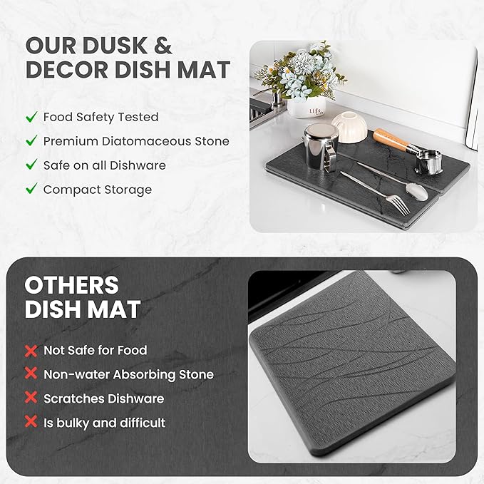 Dusk & Decor Folding Stone Dish Drying Mat – Quick-Drying Diatomaceous Earth Kitchen Mat for Counter – Foldable, Non-Slip Diatomite Sink Tray for Dishes and Utensils - Gray