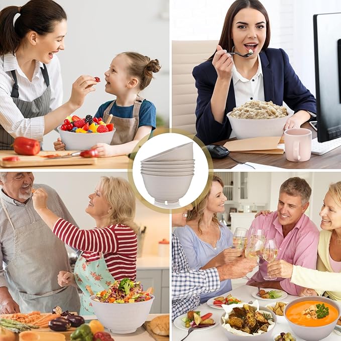 34 Oz Large Cereal Bowls, Unbreakable Wheat Straw Dinnerware Sets with Spoons, White Plastic Soup Bowls Reusable Microwave Dishwasher Safe Set of 6 for Kitchen RV Salad Ramen Ice Cream, Beige