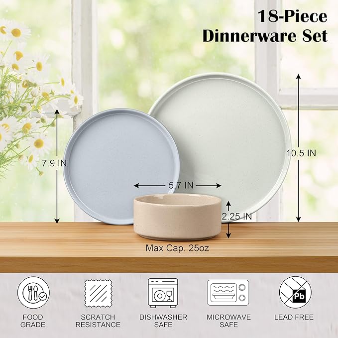 E-far Dinnerware Sets for 6, 18-Piece Stoneware Plates and Bowls Dish Set, Modern Kitchen Dinning Dishware, Chip and Scratch Resistant, Microwave & Dishwasher Safe, Speckled Multicolor