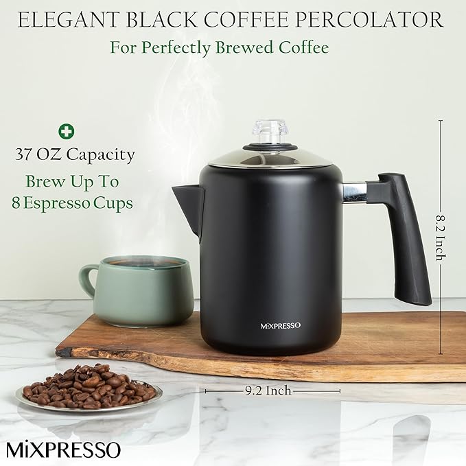 Mixpresso Black Stainless Steel Coffee Percolator Stovetop, 37oz Classic Percolator Coffee Pot, Great For Camping Pot, 5-8 Cup Stove Top Espresso Maker, Cool-Touch Handle