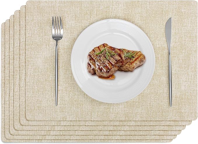 Softalker Vinyl Placemats Set of 6 - Faux Leather Heat Resistant Place Mats, 100% Waterproof Oilproof Wipe Clean Table Mats for Indoor & Outdoor Use, 17’’×12’’, Beige